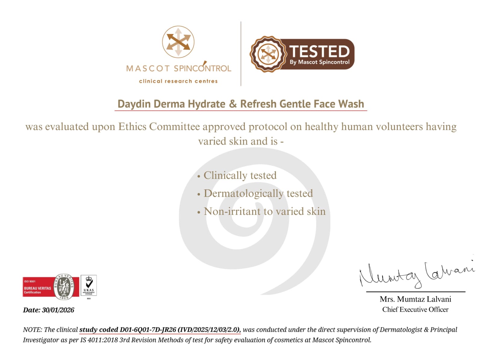 Certificate of evaluation for Daydin Derma Hydrate & Refresh Gentle Face Wash with logos and text on a white background.