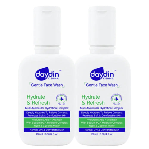 Two bottles of daydin Derma hydrating Gentle Face Wash on a white background