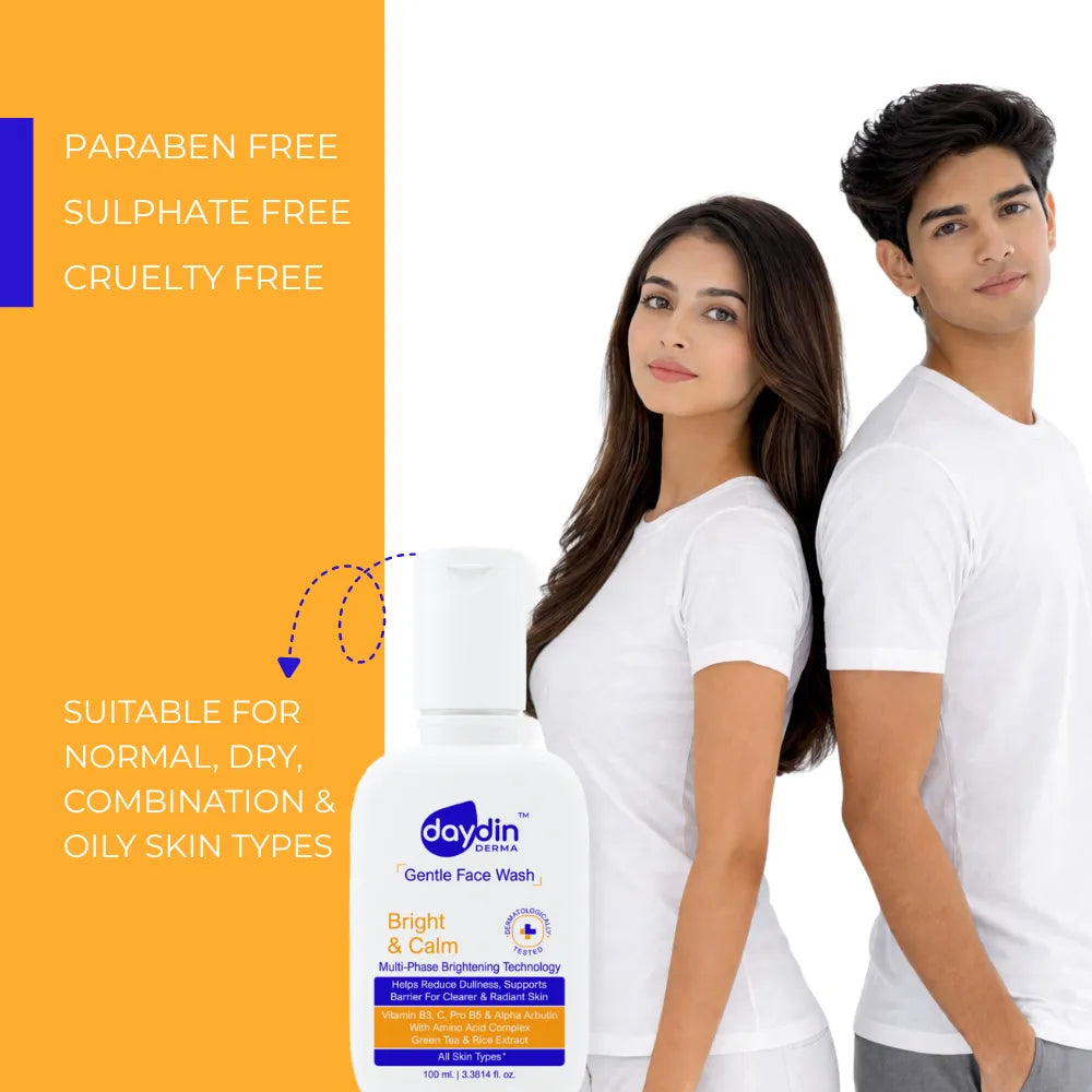 Two people standing next to a bottle of Daydin Derma Gentle Face Wash with product features highlighted on an orange background.