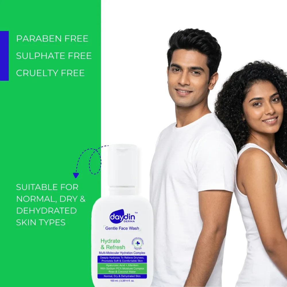 Two people standing back-to-back with a bottle of Daydin Gentle Face Wash between them, on a white background.