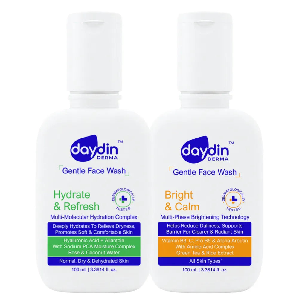Two bottles of daydin Derma Gentle Face Wash on a white background